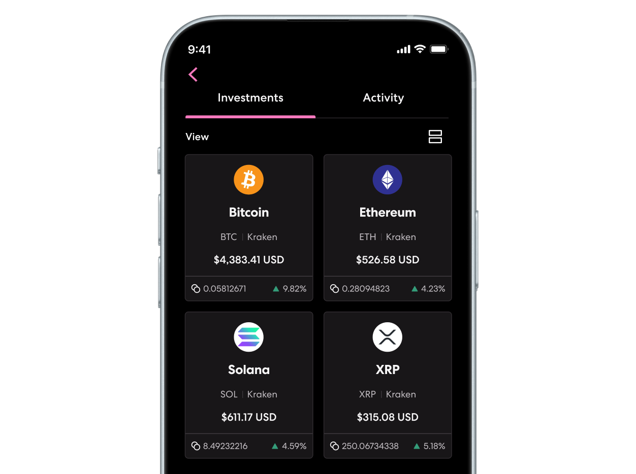 Sharesies app’s ‘crypto portfolio’ screen, listing cryptocurrencies (Bitcoin, Ethereum, Solana, and XRP) each with its ticker, exchange, and current price.
