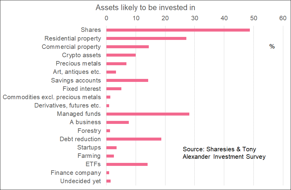 We ask people which assets they plan to buy more of, and what they plan to sell some of. Nearly half (49%) say they plan to buy more shares, 27% residential property, and 14% commercial property. 