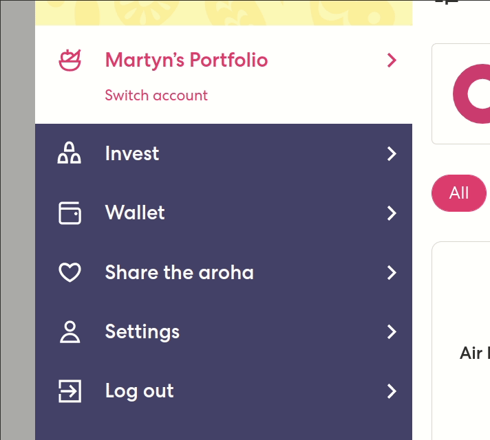 A pink selection ring moves down the menu items in the Sharesies app. 