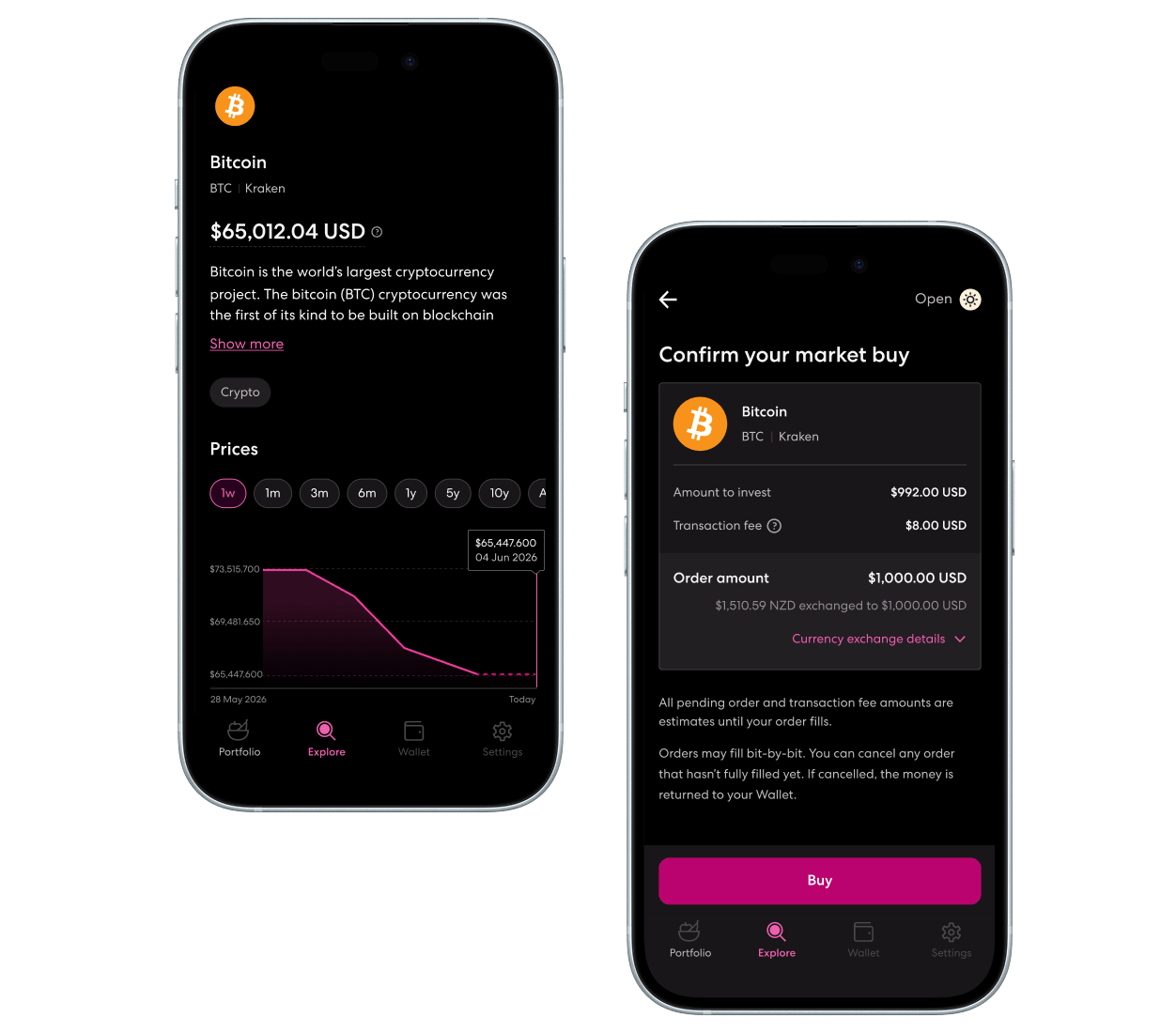 Two Sharesies app screens showing how to buy Bitcoin. The first screen displays the Bitcoin info page with the current price, a brief description, and a price chart. The second screen shows a market buy confirmation with the amount to invest, transaction fee, order amount, and currency exchange details.