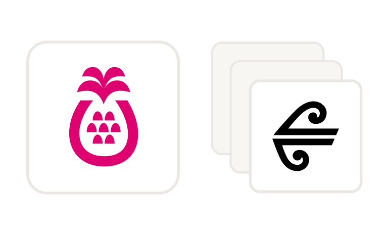 The Sharesies logo sits to the left of a 3-tile stack with the Air New Zealand logo on top, representing what can make up an investment plan.