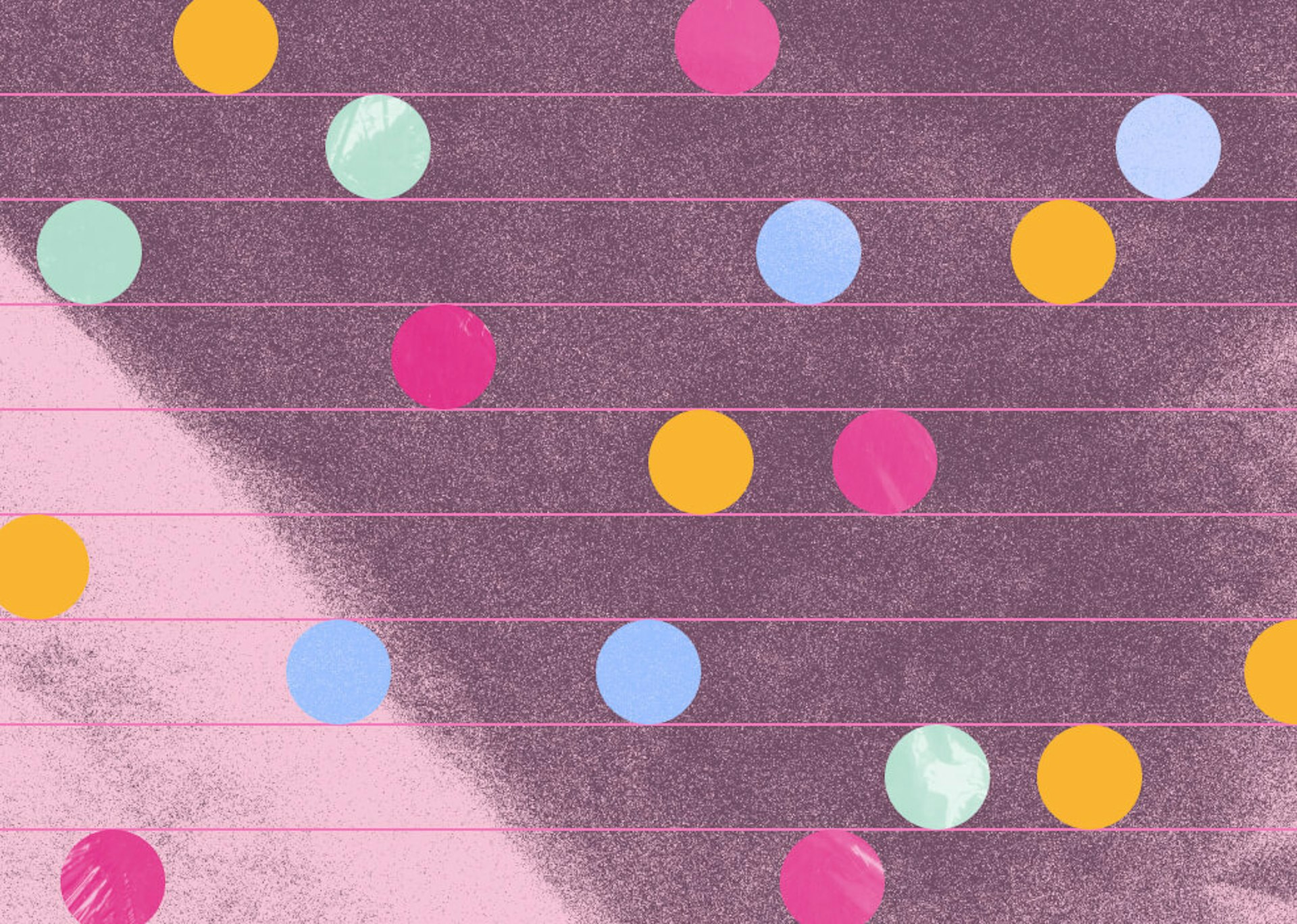 Colourful dots and pink horizontal lines in front of a blurred background.