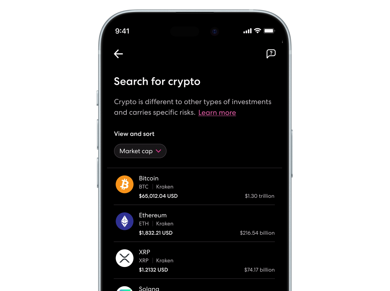 Sharesies app’s ‘Search for crypto’ screen, listing available cryptocurrencies (Bitcoin, Ethereum, and XRP) each with its ticker, exchange, current price, and market cap.