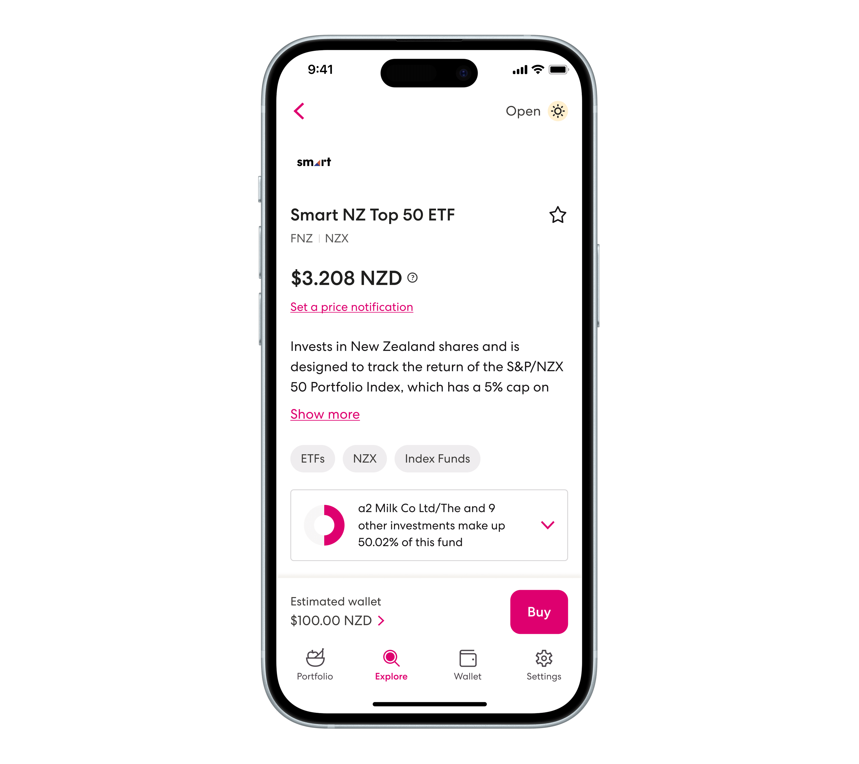 Smartshares NZ Top 50 fund page in the Sharesies app.